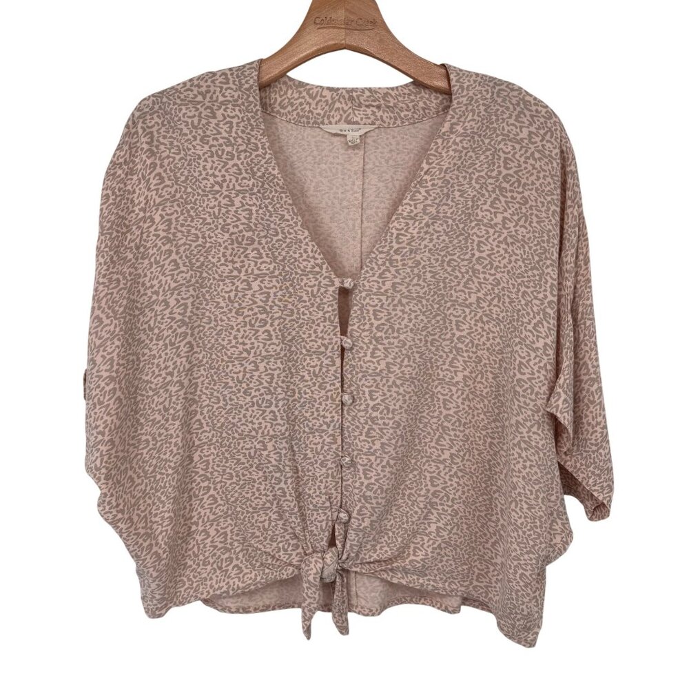 Sim & Sam Womens beige Pink Leopard Print Top V-Neck Tie-Front Size Large Rayon